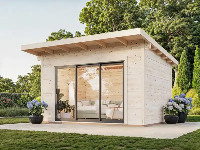 Petit chalet en bois pour jardin avec portes vitrées coulissantes sur terrasse, entouré de verdure et de pots de fleurs.