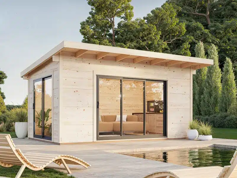 Chalet en bois moderne avec de grandes baies vitrées, installé sur une terrasse près d'une piscine extérieure.
