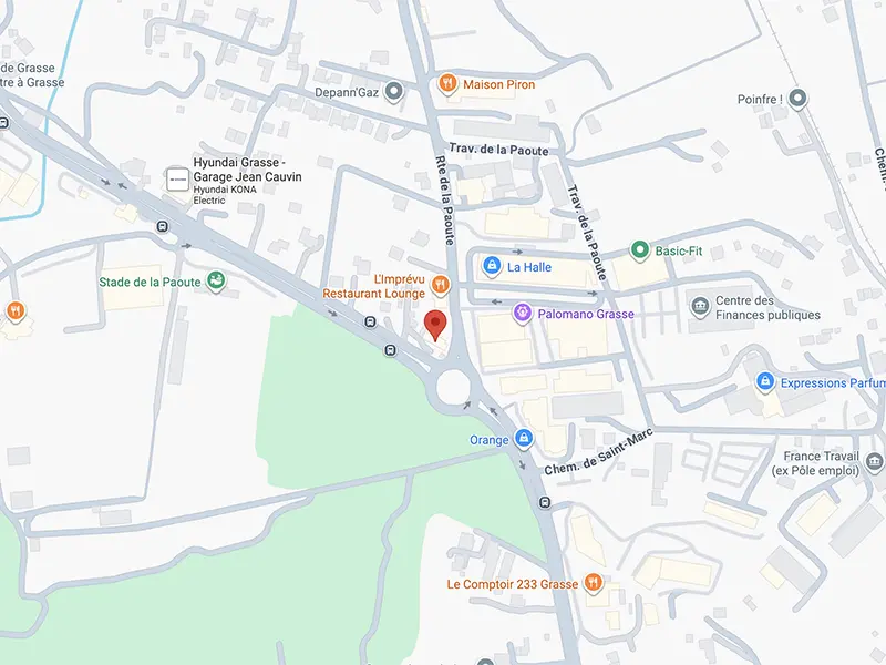 Carte montrant une épingle rouge indiquant l'emplacement dans une zone urbaine près d'un espace vert.