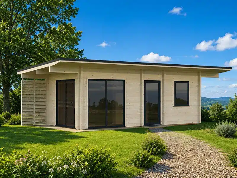 Chalet en bois moderne avec de grandes baies vitrées, installé sur une pelouse verdoyante avec un chemin de gravier et un ciel bleu.