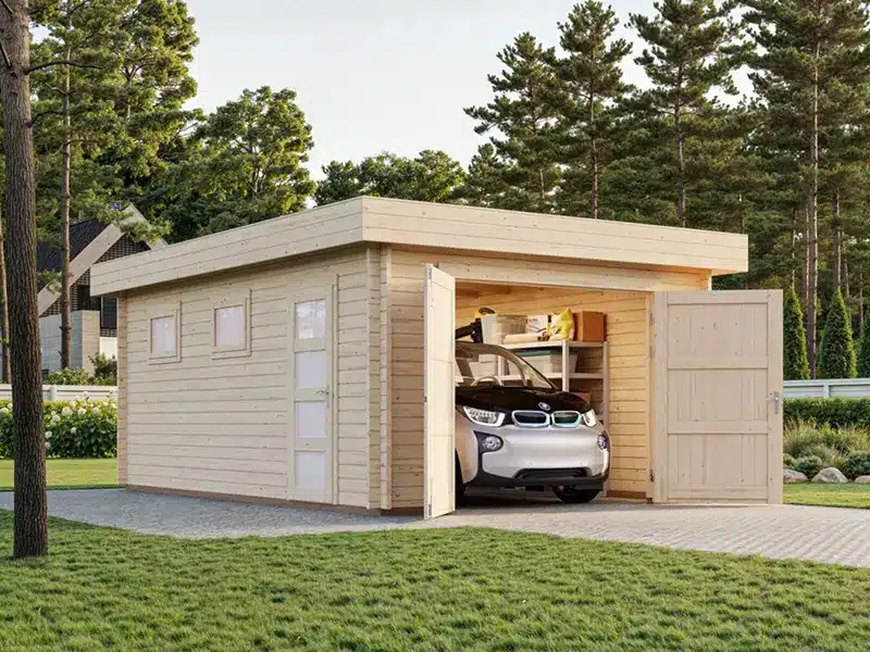 Abri de jardin en bois avec porte de garage ouverte et une voiture garée à l'intérieur, sur une allée entourée de pelouse et d'arbres.